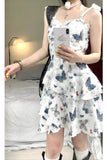 French Design-Sensitive Butterfly-Print Sling Dress Women's Summer Irregular Net Yarn Half-Dress Fashion Dress
