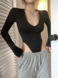 Black V-Necked Women In Spring And Autumn Pure Hot Girl Sexy Clad Bare Waist Long-Sleeved T-Shirt
