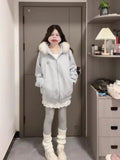 [Original Hairy Fabric] Korean Thick Collared Hat Collared Coated Woman Winter Noble Blue Coat Outside