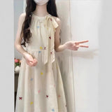 Sweet Wind Bow Tie With Hanging Neck Sling Dress Female Students Summer Super Fairy Waist Thin Fairy Dress