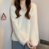 Soft Soft Glutinous Sweater Women's Autumn And Winter White Languid Wind High Sense V-Neck Knitted Shirt Loose Long-Sleeved Top
