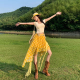 Sichuan Tourism Lace Splicing Yellow High-Waist Irregular Dress Women's Summer Design Sense Niche Holiday Style Dress