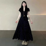 Large-Size French Temperament V-Neck Wave Point Closing Dress Women Summer Fat Mm Pear Shape Body Large Thin Black Dress