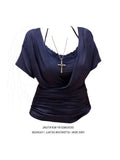 Fat Sister Pure Hottie Big Neckline Neckline Waist Short Sleeve Top Lady Summer New Lace Hanging Neck Sling Suit