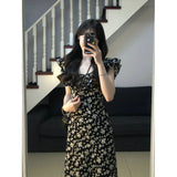 2026 Summer New Tea Break French Black Floral Dress Texture Feel Waist Women's Long Dress Women's Summer