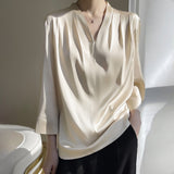 Silk Satin 2026 Summer Women's New Short Satin Shirt V Collar Simple Nine-Sleeve Temperament Match French Top