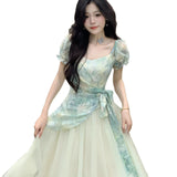 Tea Break French Sweet Fresh Dopamine-Sensitive Dyeing Printing Splicing Mesh Screen To Collect Two Dresses