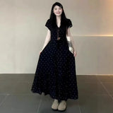 Large-Size French Temperament V-Neck Wave Point Closing Dress Women Summer Fat Mm Pear Shape Body Large Thin Black Dress