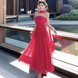 French Retro Red Dress Female Light Luxury High-End Hottie Sleeveless Long Dress Cold Special Dress