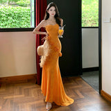 French Beautiful Atmosphere Pure Three-Dimensional Flower Bra Dress Sexy Body Dress Fishtail Ass Long Dress