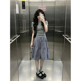 Summer Chic Feeling Beautiful Little Suit Female Gray Round-Neck T-Shirt Tibetan Cyan Lattice Skirt Two-Piece