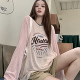 Letter-Print Long-Sleeved T-Shirt Women's Spring And Summer Thin Loose-Fitting Shoulder Sleeve Medium Long Sunscreen Top