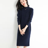 Wool Blended 2026 Autumn And Winter New Lady Body Half-High Collar Solid Color Long Bottom Knitted Sweater Dress
